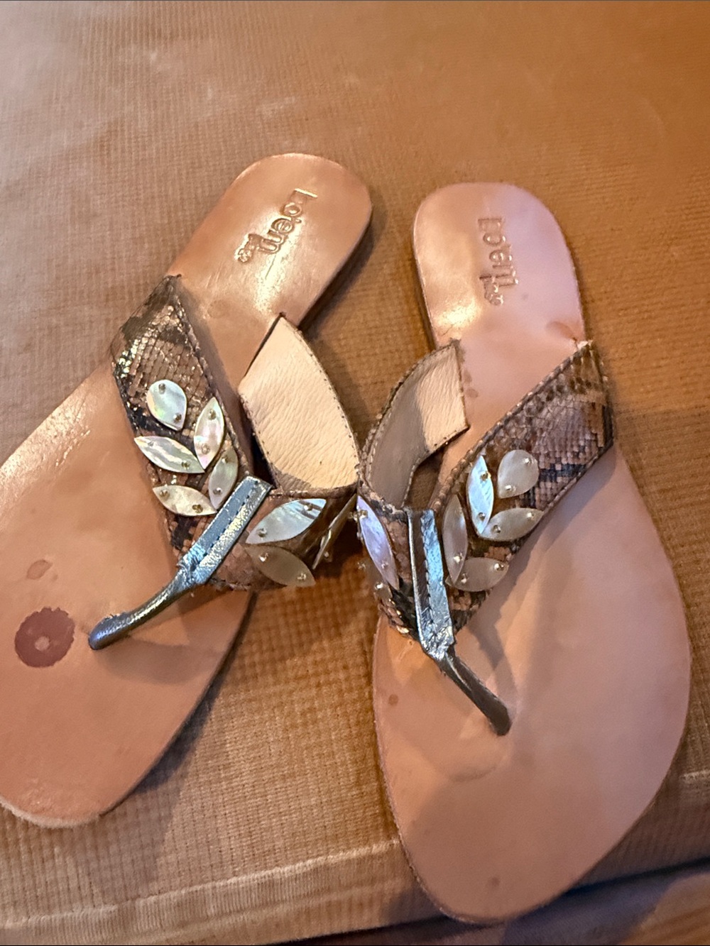 Leaf-Embellished Brown Leather Toe-Post Sandals - Women's